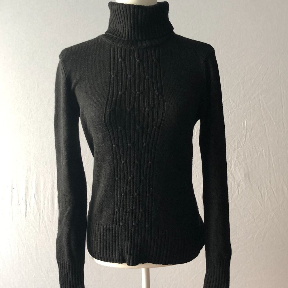 Women's Black Cable-Front Turtleneck Sweater